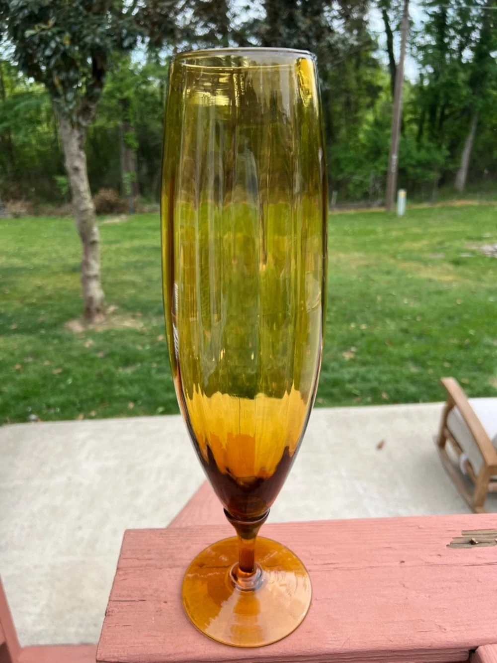 Tall Amber Glass Stem Vase 16.5” Mid Century Modern Decor Optic Panel